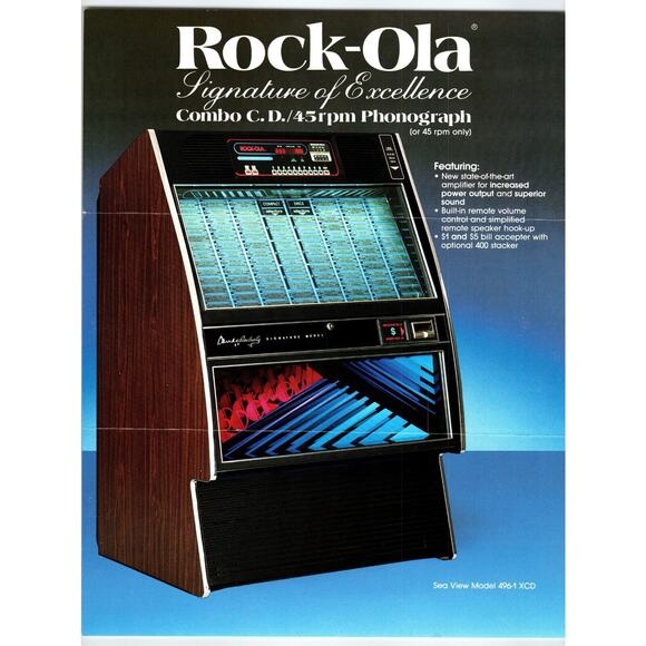 Rock-Ola 496-1 Sea View Jukebox FLYER Vintage Phonograph Music 2 Sided 8.5" x 11 - Picture 1 of 2